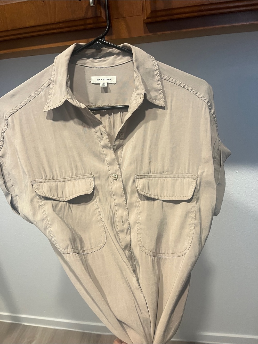 Max Studio Beige Utility Button-Up Blouse